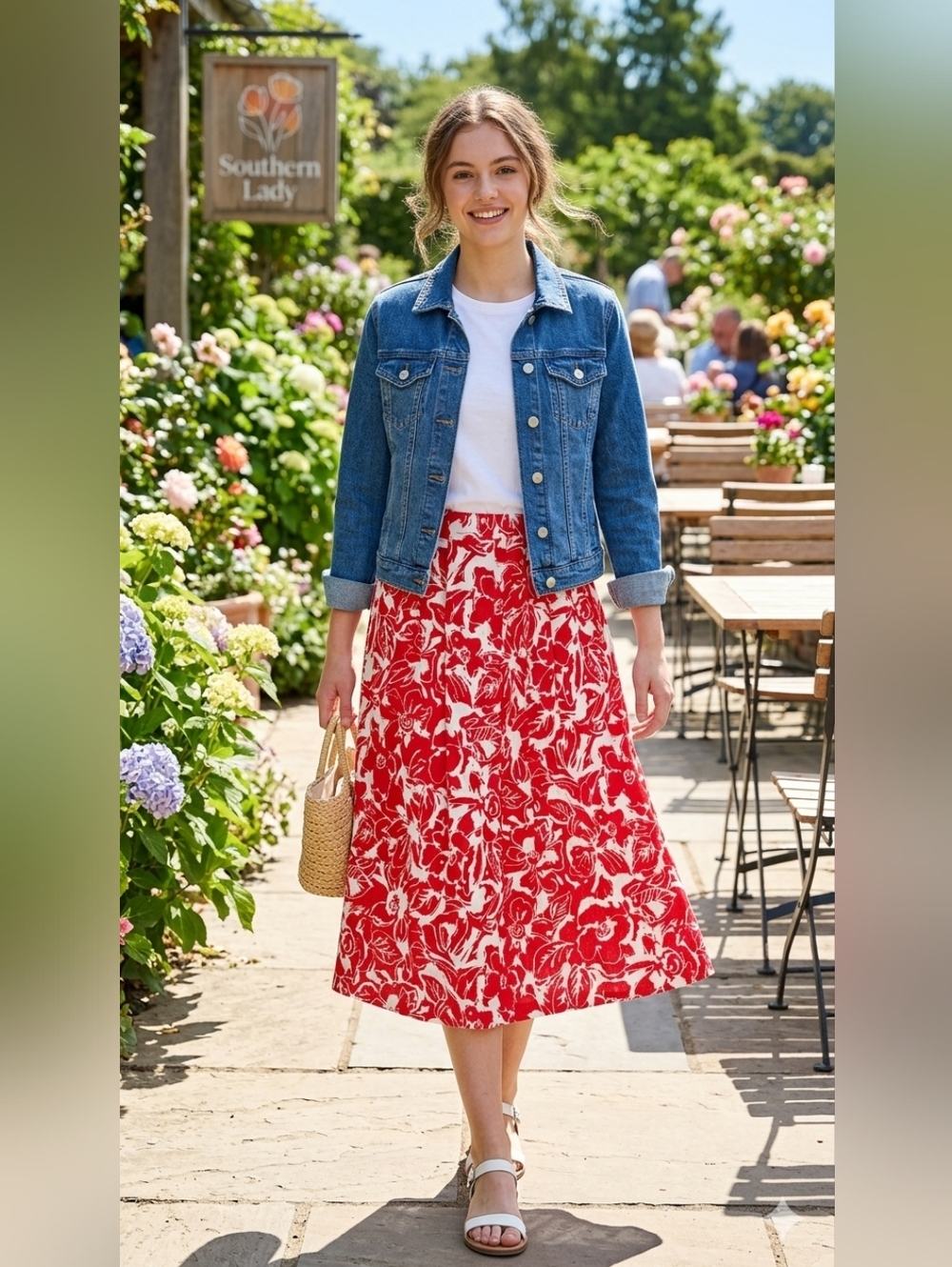 Southern Lady Floral A-Line Skirt - Red & White Rayon - 8 (VintageFits Like 0/2)